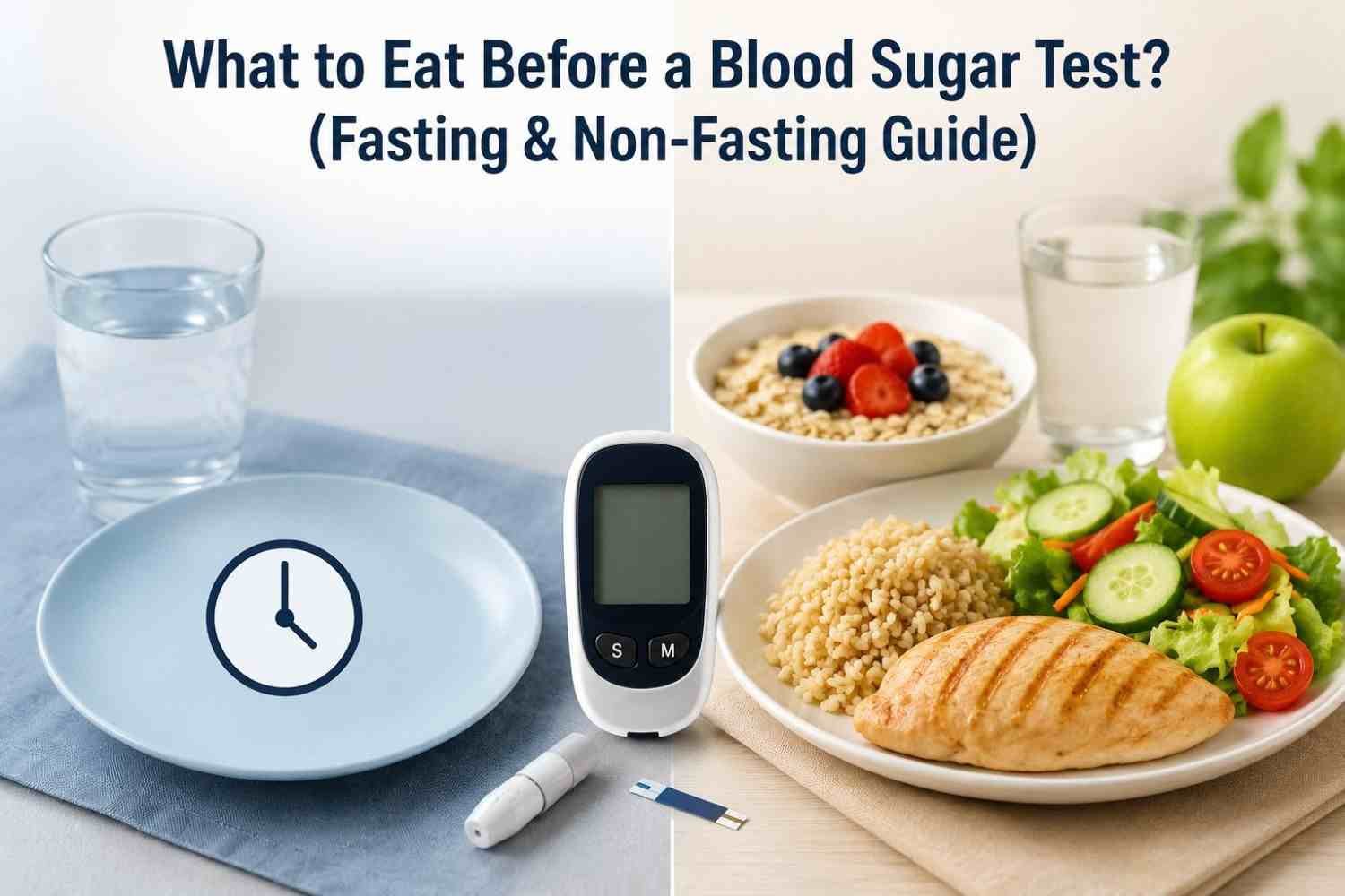 Blood sugar test with fasting and healthy meal options.