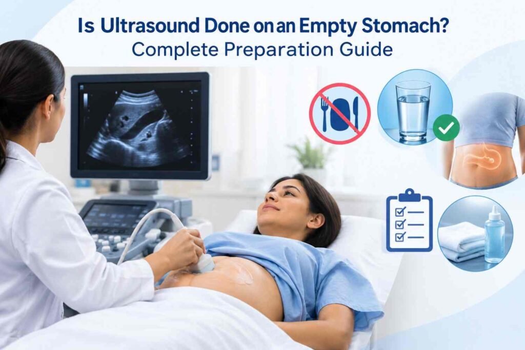 Abdominal ultrasound exam with fasting preparation symbols and a medical professional scanning a patient.