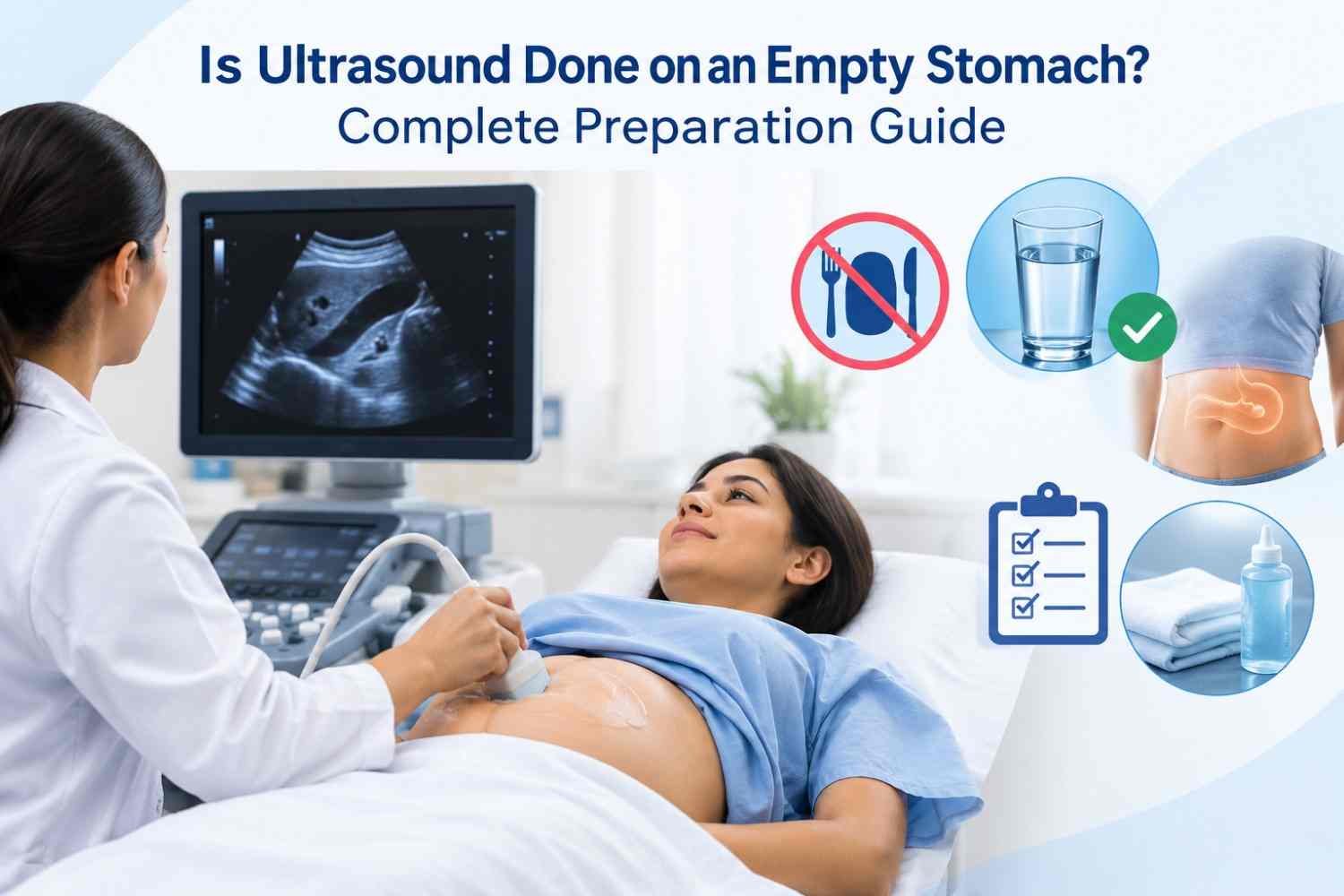 Abdominal ultrasound exam with fasting preparation symbols and a medical professional scanning a patient.